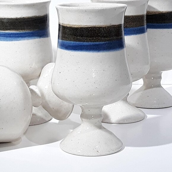 Set Of 6 Handcrafted Ceramic Goblets With Blue & Brown Stripes - Picture 2 of 4
